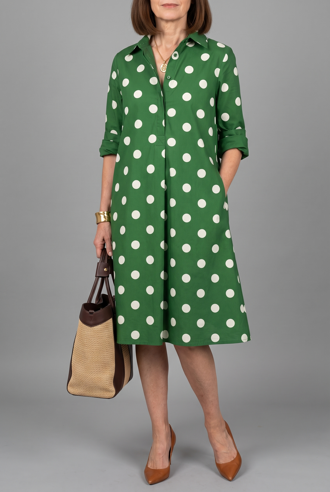 Harriet Midi Dress – forest green polka dot midi dress with shirt collar
