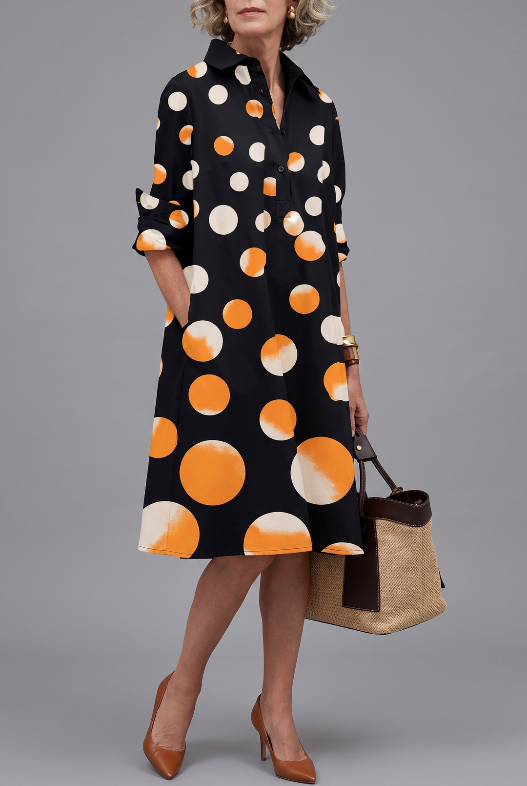 Rosalind Midi Dress – black dress with orange and cream polka dots