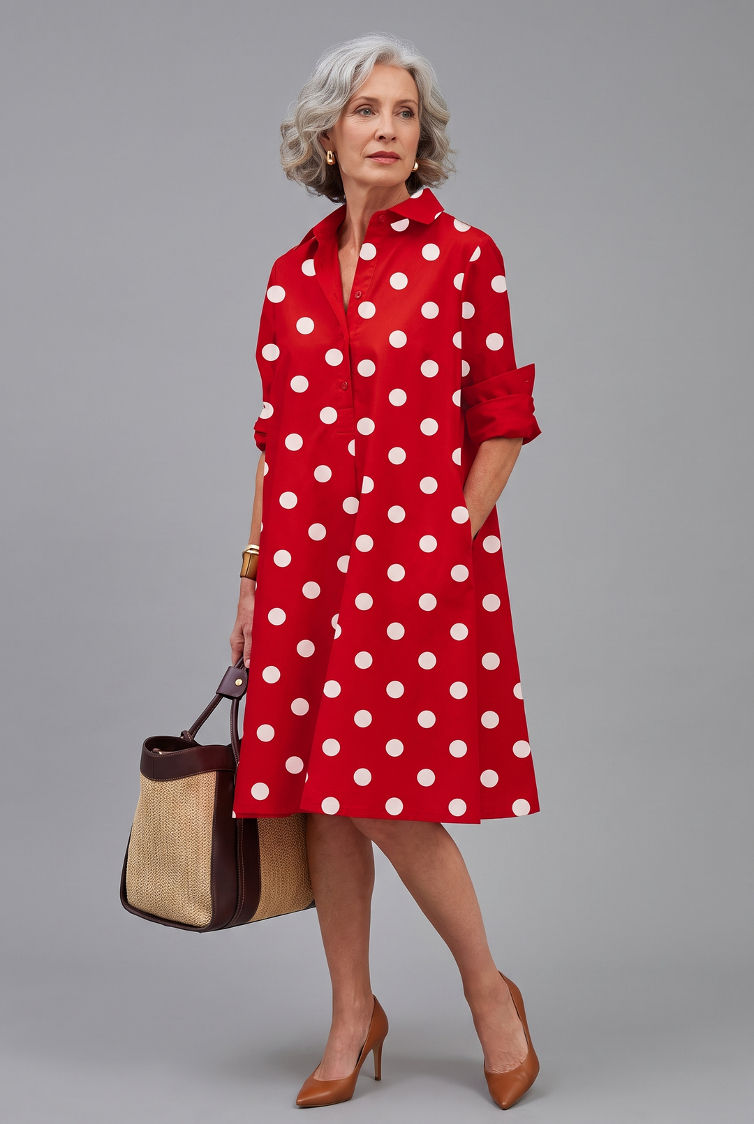 Vivienne Midi Dress – red polka dot midi dress with shirt collar