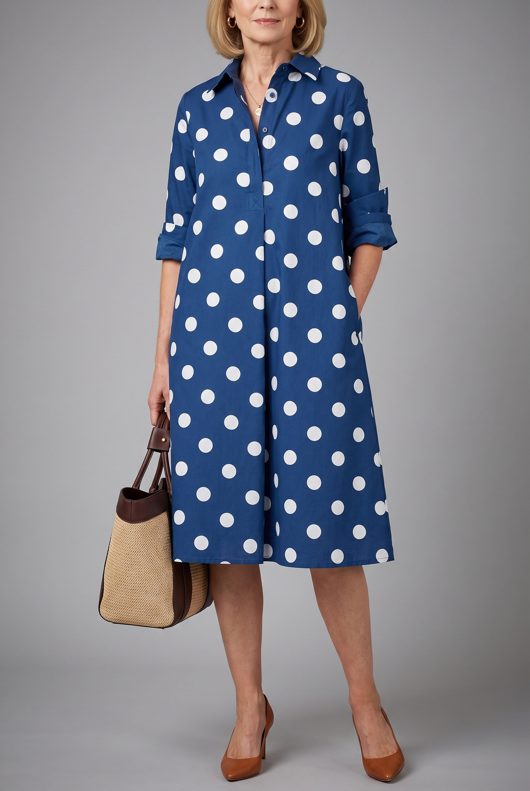 Cecile Midi Dress – navy blue polka dot midi dress with shirt collar